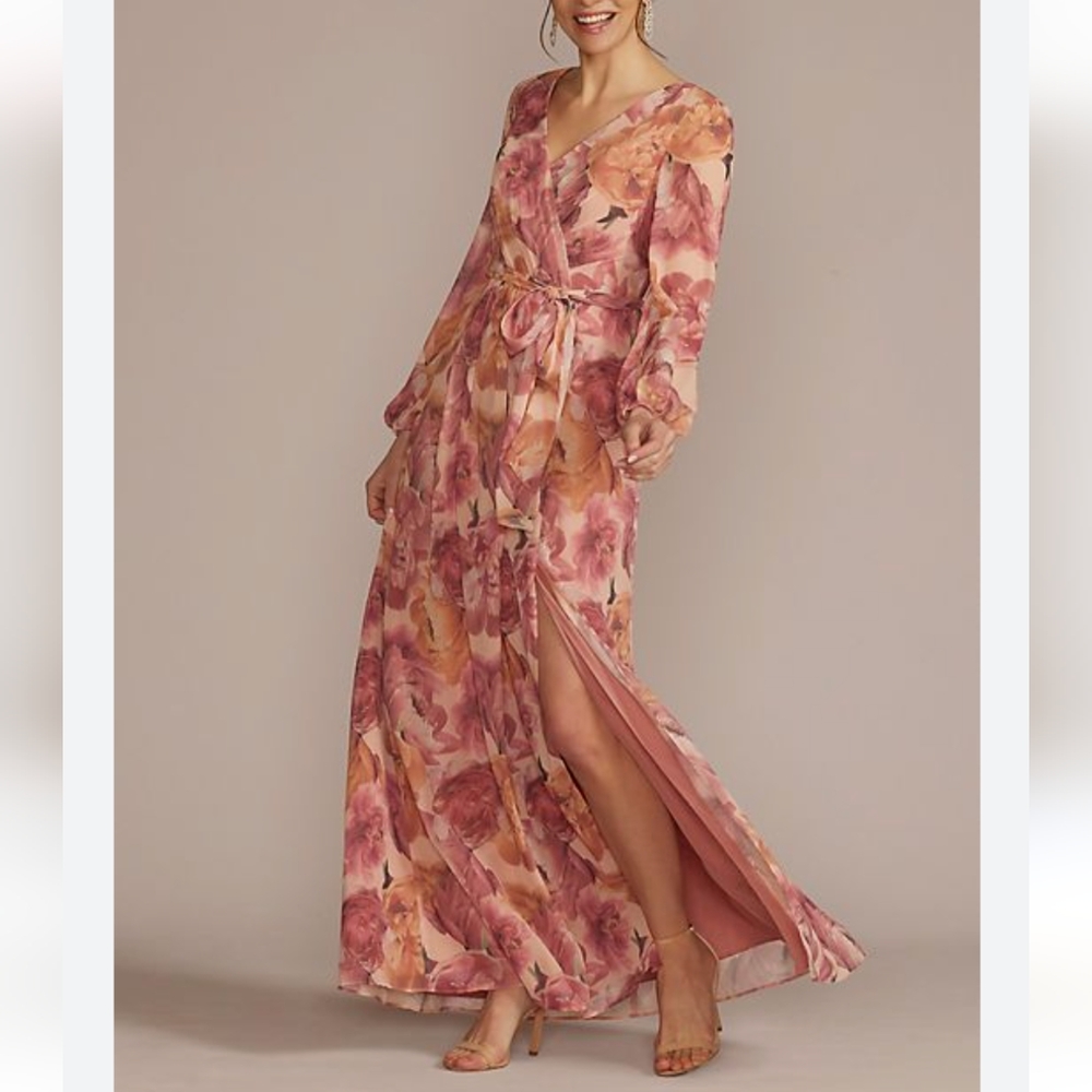 Oleg Cassini Long Sleeve Pink Floral V-Neck Slit Maxi Dress- Size 8